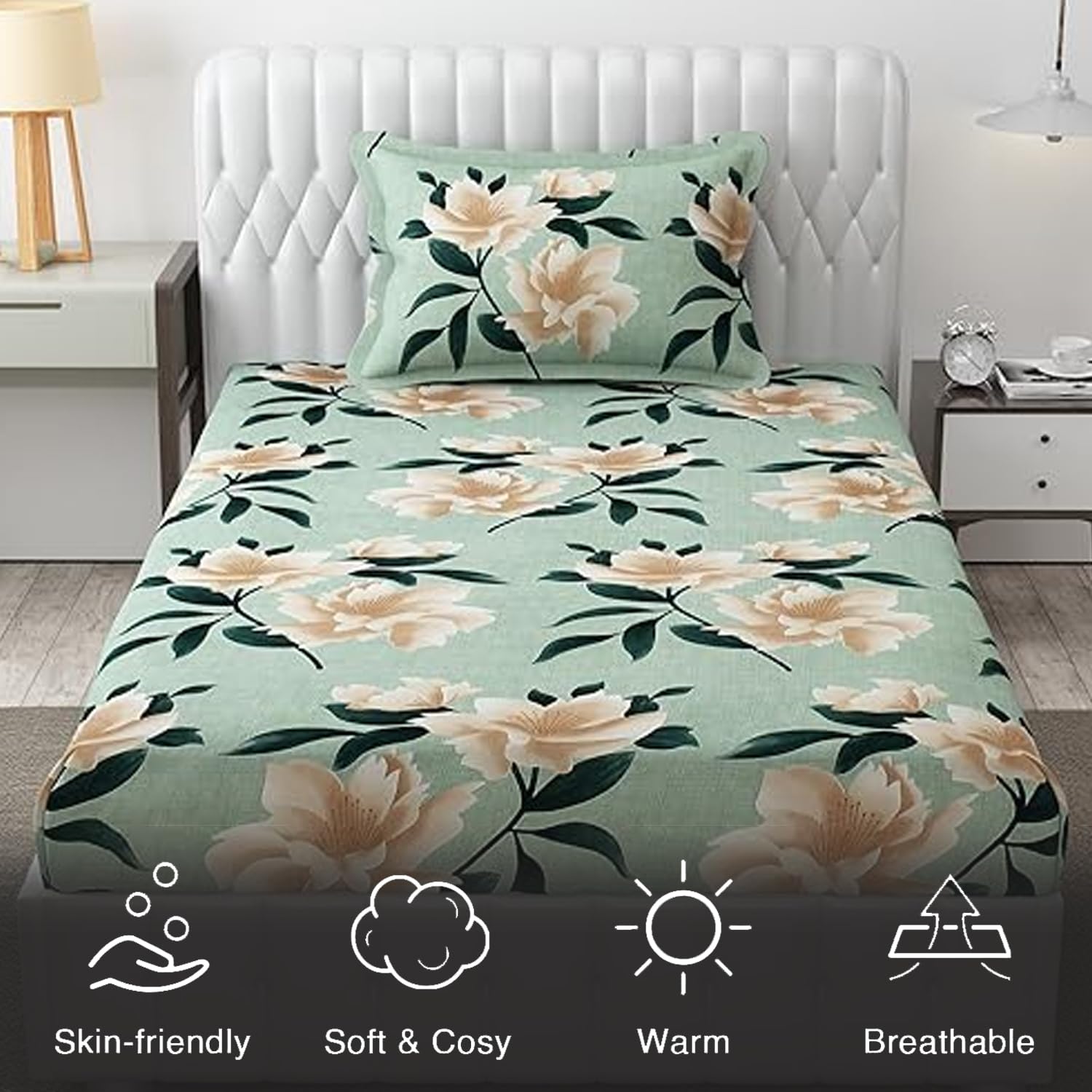 Microfiber Single Bedsheet Set With 1 Pillow Covers (60 X 90 Inches) Sea Green | Durable & Long-Lasting | 144 Thread Count | Wrinkle Free
