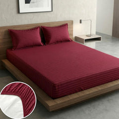 Maroon Satin Stripe Elastic Fitted Double Bedsheet (72x78 Inches) With 2 Pillow Covers | Soft To Touch & Comfortable | 300 Thread Count