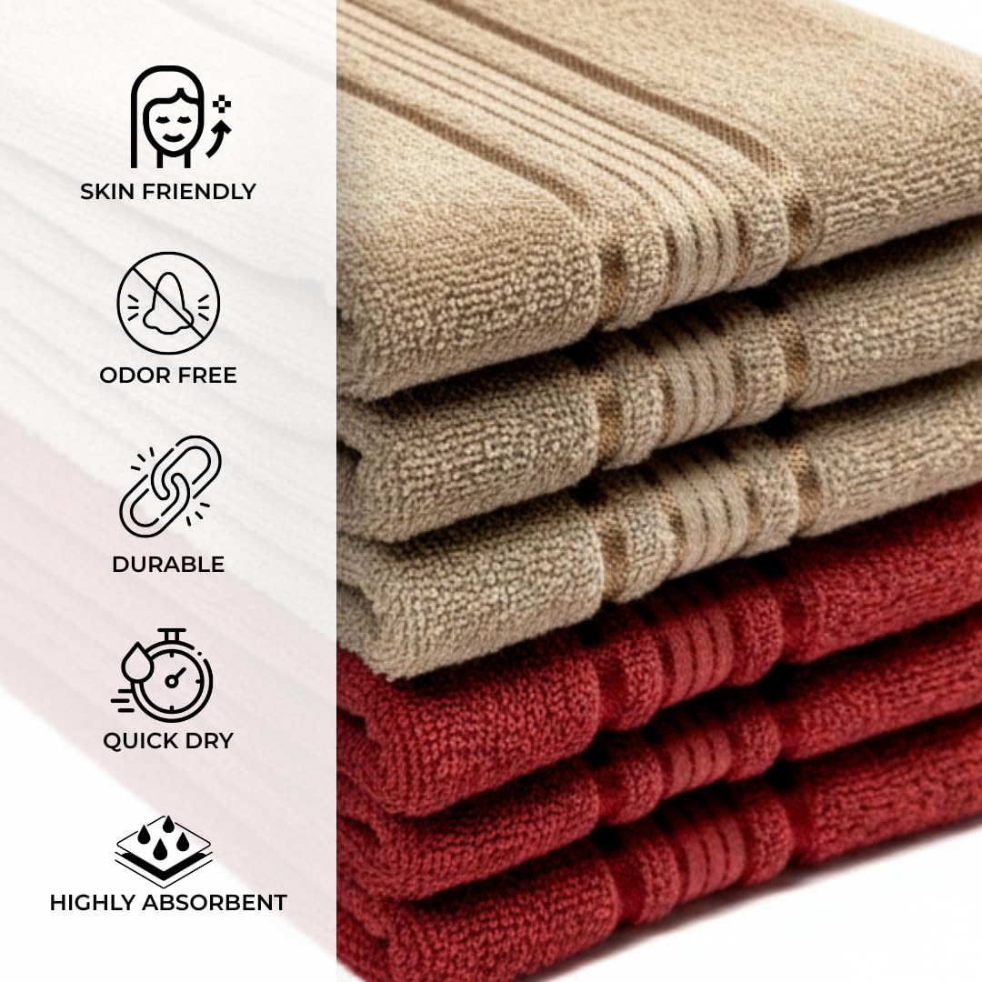 Akiko Home 100% Cotton Essential Series Hand Towels 1200 Gsm | Soft, Absorbent & Durable, Cotton Hand Towel For Bathroom Use, Gentle On Skin- Pack Of 6 (Beige & Maroon)