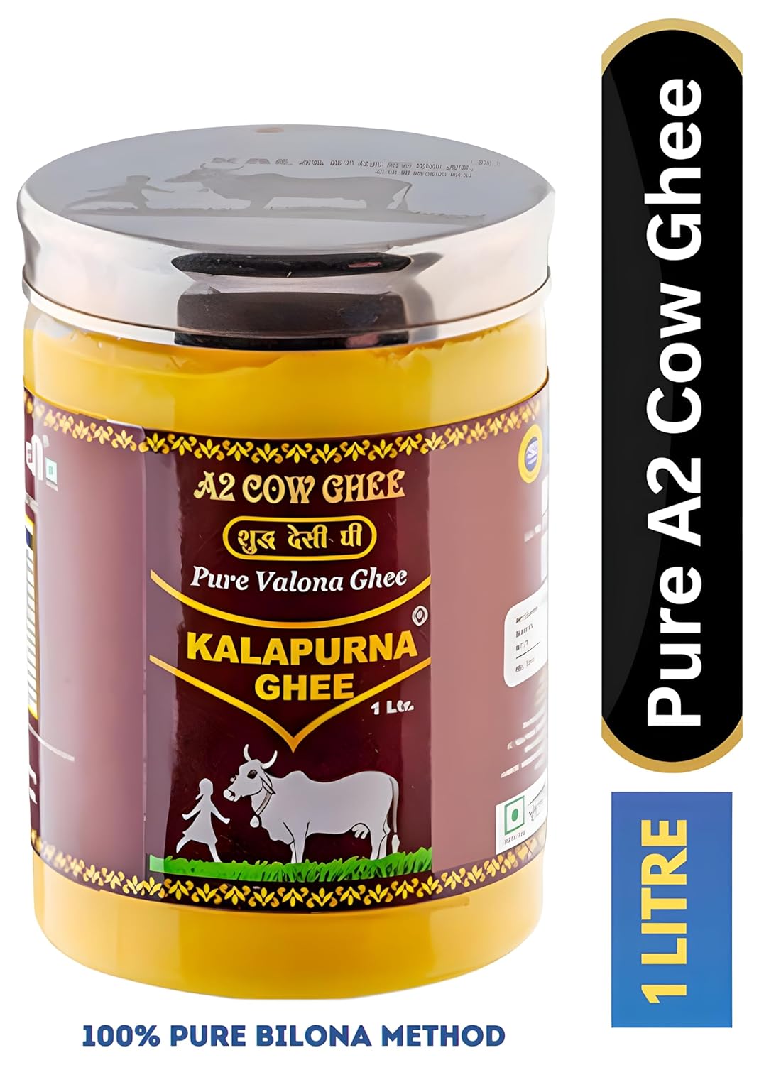100% Pure A2 Desi Cow Ghee By Kalapurna Ghee | Delicious & Nutritious Healthy Desi Cow Ghee For Sweets | (1 Litr) 33.8 Ounce | Jar Pack