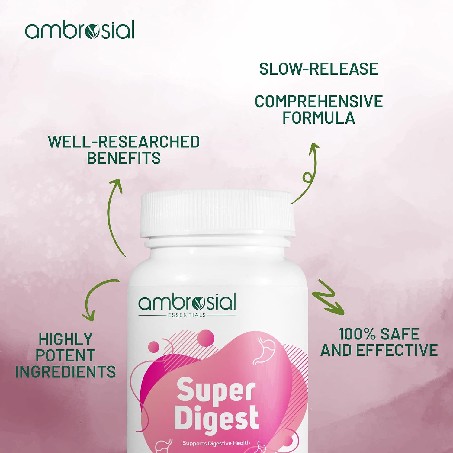 Ambrosial Super Digest With Betaine Hcl Pepsin, Ox - Bile, Pancreatin & L- Glutamic Acid | Digestive Enzyme To Support Optimal Digestion & Gut Health | 60 Capsules, 100gm 0.2lbs, Each Pack Of 2