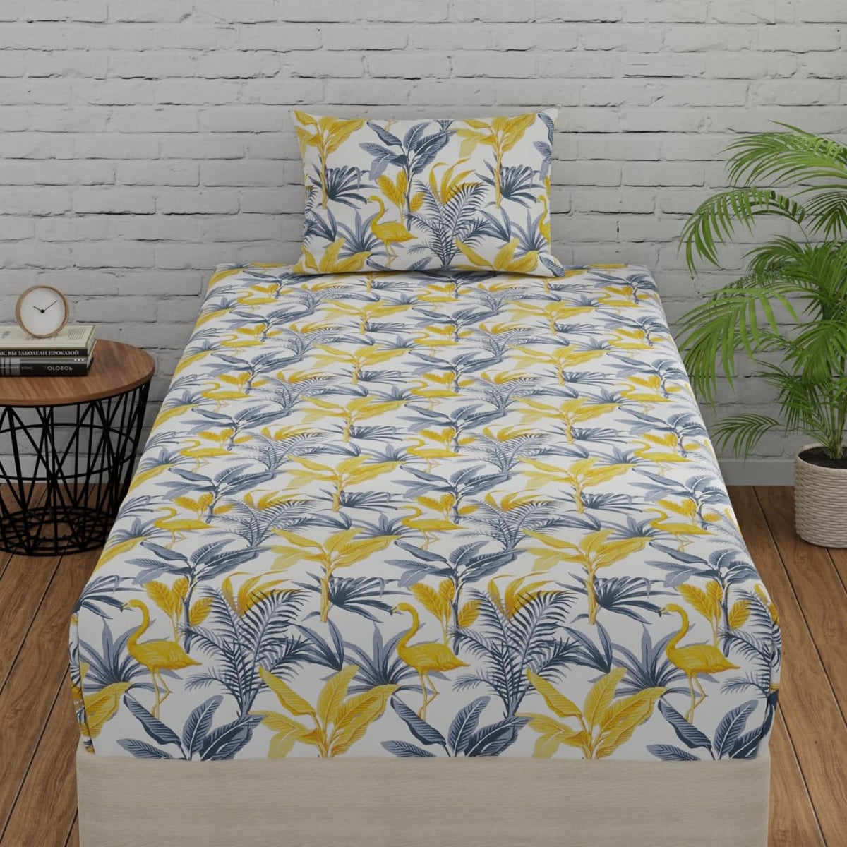Single Bedsheet Elastic Fitted Cotton With 1 Pillow Cover | 36 X 78 Inches, Yellow & Grey | Ideal For Home, Guest House, Hotel | Soft & Breathable Fabric