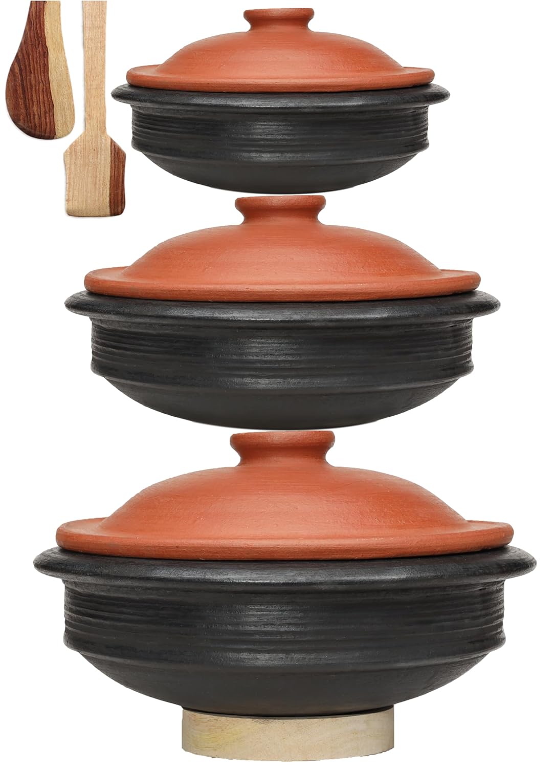 Deep Burned Uncoated Clay Pot Or Mitti Handi With Lid Combo + 2 Wooden Spatulas Complimentary Pack Of 3 - Black, 1+2+3 Liters | Pre-Seasoned Mud Pot - Unglazed, Double Fired, Hand Crafted