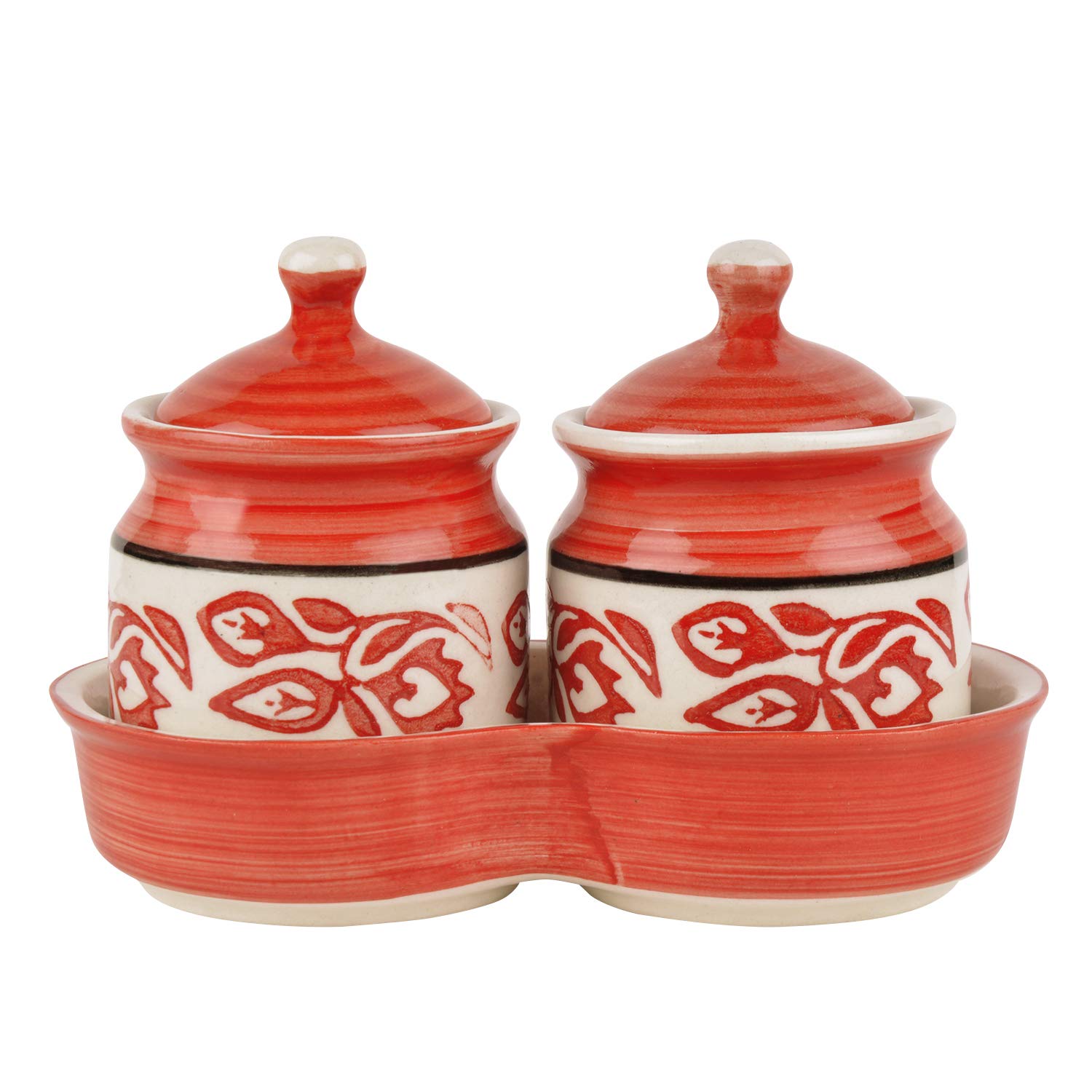 Ceramic Pickle Serving Jar Set With Tray Set Of 2 - 200ml Each, Red & White | Condiment Set - Pickle Jar Set For Dining Table | Masala Container