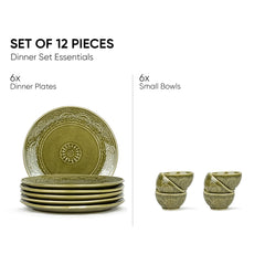 Ceramic Carving Dinner Set Of 12 Pcs, Mehndi Green | Crockery Set For Dining Table - Glossy Finish Premium Stoneware | 6 Dinner Plates + 6 Veg Bowls, 160ml Each