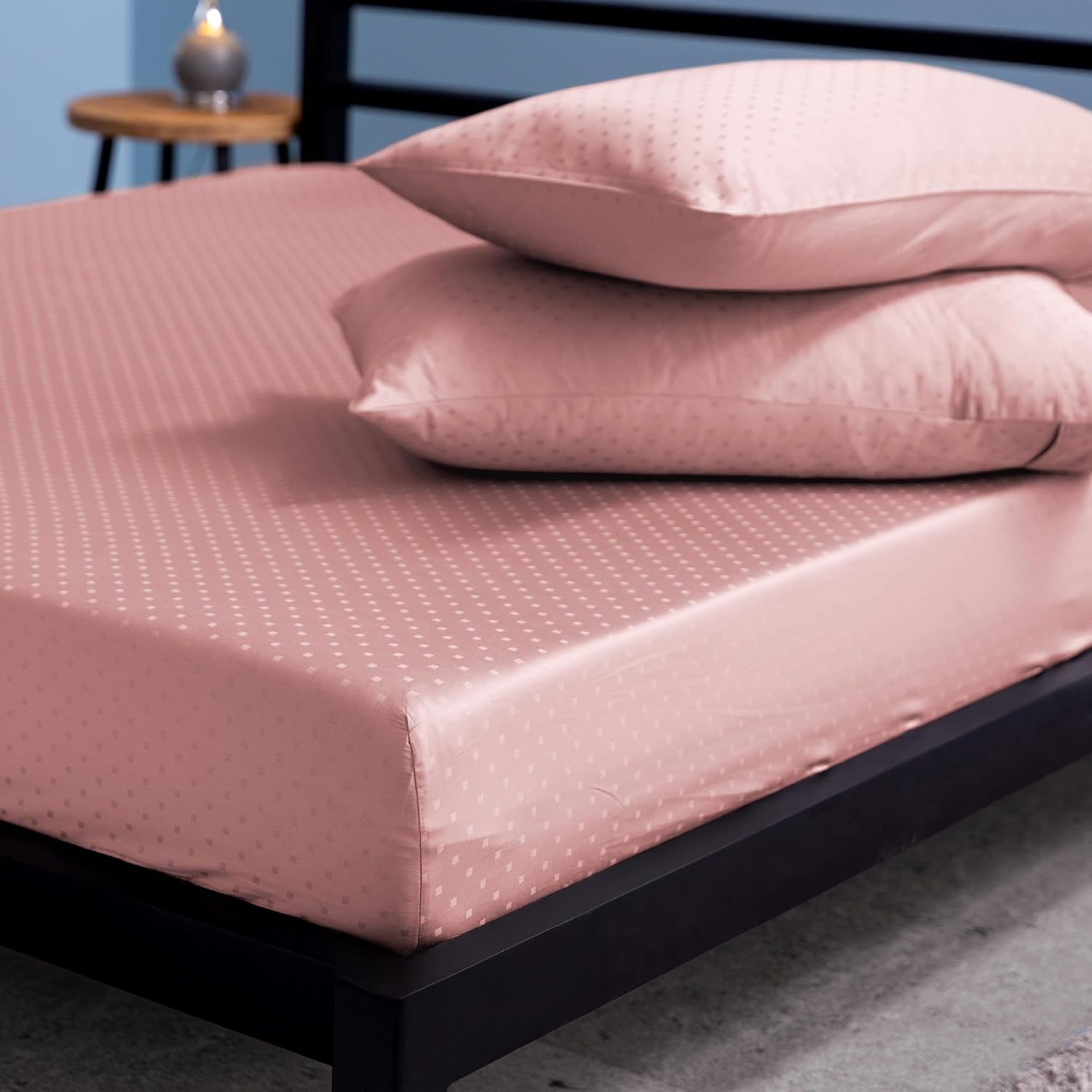 100% Cotton Sateen Weave Elastic Fitted Double Bedsheet With 2 Matching Pillow Covers - 72x78 Inches, Pink | Premium Cotton Bedsheets 300 TC, Fitted Bedsheet