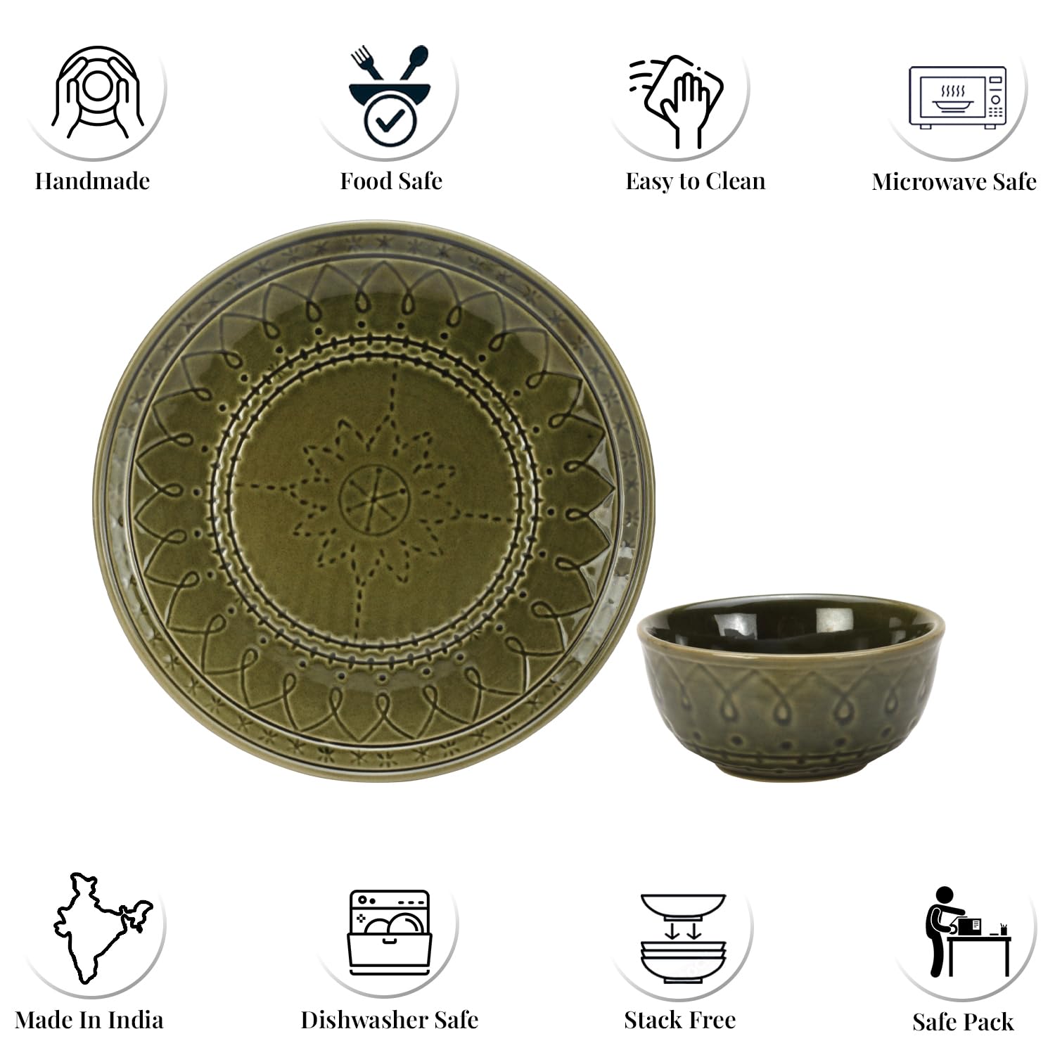 Handcrafted Stoneware Embossed Dinner Set Of 4 - Ceramic Pack Of 8 Pcs, Moss Green | 4 Dinner Plates + 4 Bowl Or Katoris, 180ml Each - Microwave & Dishwasher Safe | Serving For 4