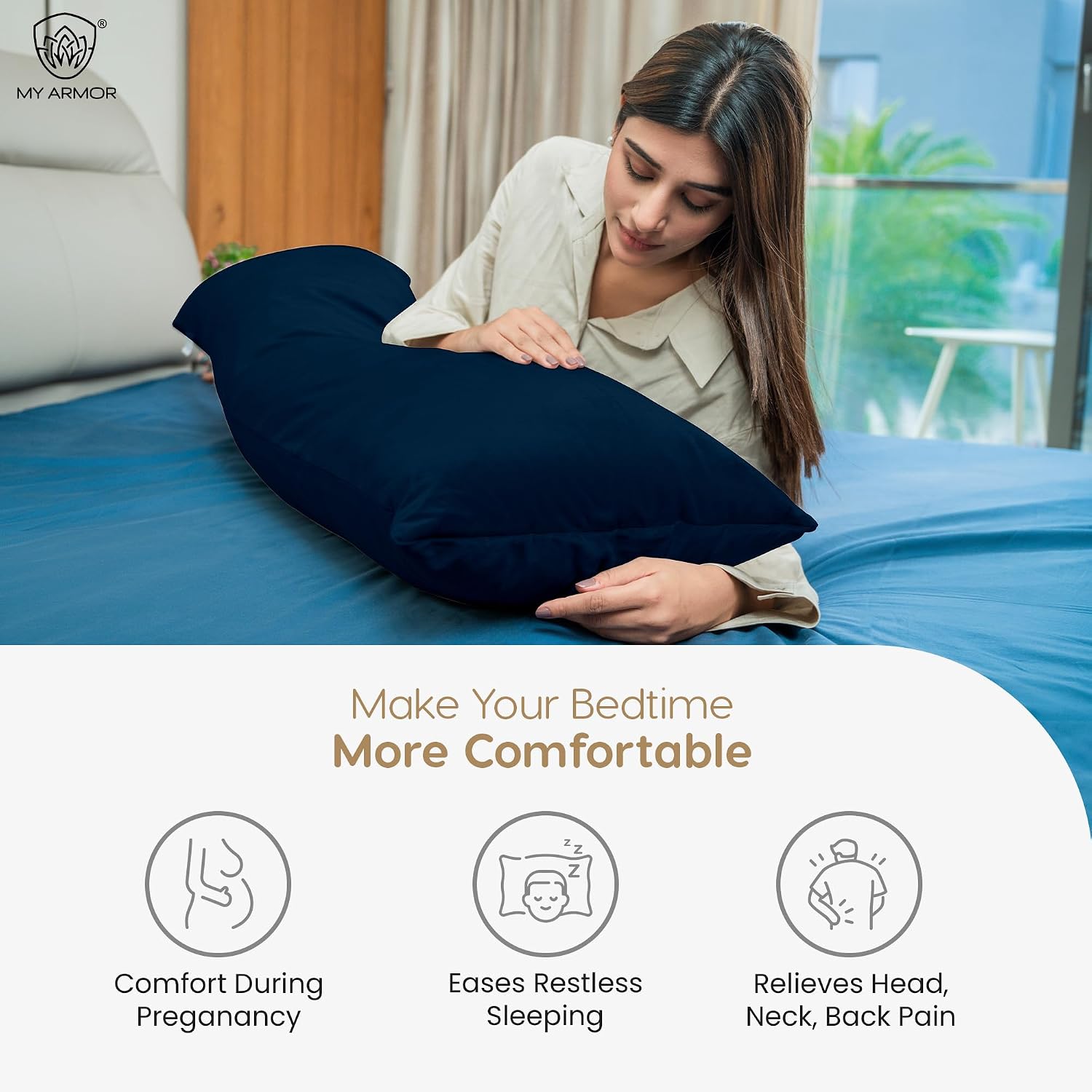 Microfiber Body Side Pillow For Sleeping For Pregnancy, Navy Blue - 53 X16 Inch | Long Cuddle Pillow For Hugging, Relaxing, Washable, Premium Velvet Outer Cover With Zip, Adjustable Pillow