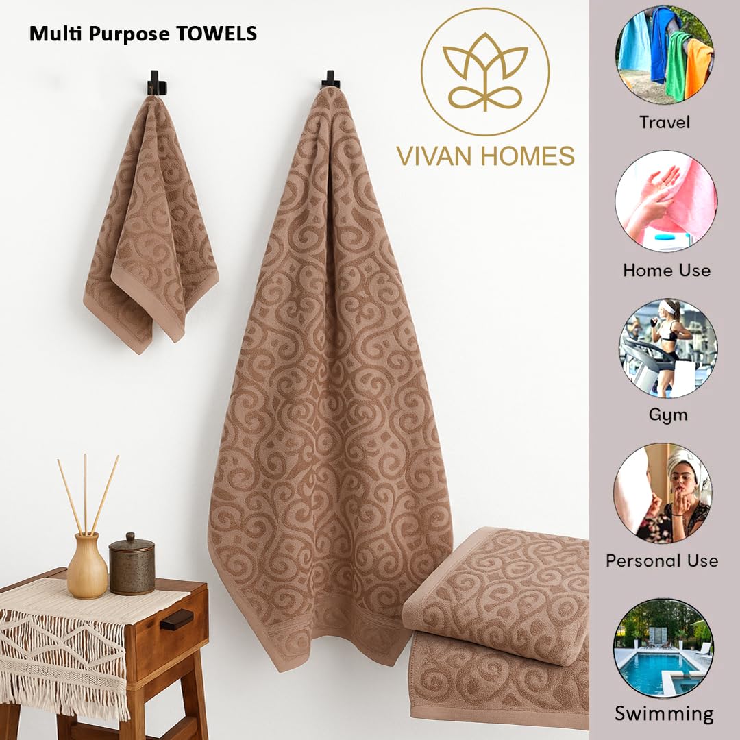 Vivan Homes 100% Cotton Bath, Hand & Face Towel 900 Gsm | Soft & Absorbent Ultra Soft & Quick Dry Bath Towels For Men Women Towel Set - Damask Beige (Set Of 3)