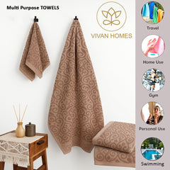 Vivan Homes 100% Cotton Bath, Hand & Face Towel 900 Gsm | Soft & Absorbent Ultra Soft & Quick Dry Bath Towels For Men Women Towel Set - Damask Beige (Set Of 3)