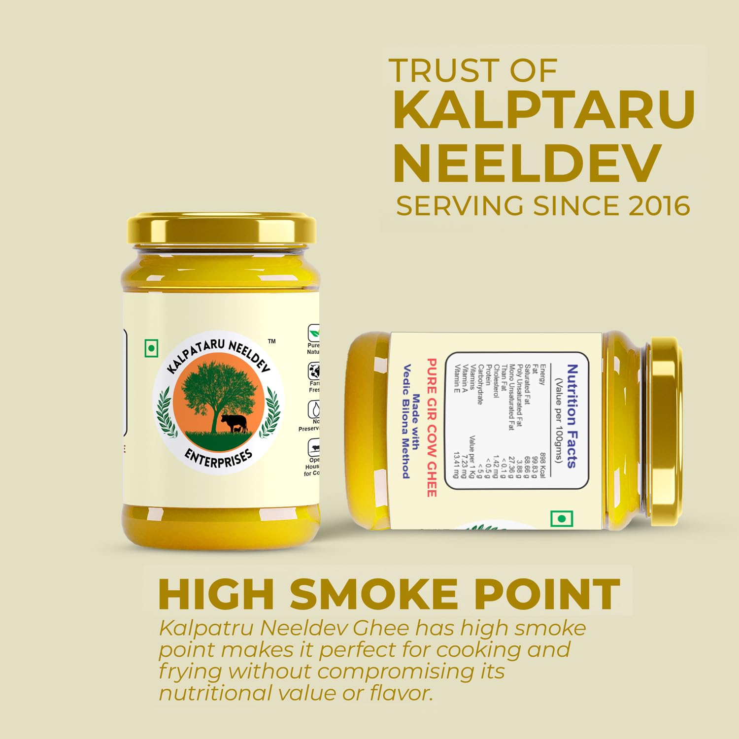 Organic Natural Desi A2 Gir Cow Ghee By Kalpataru Neeldev Enterprises | Vedic Bilona Method Curd-Churned Gir Cow Ghee Good For Health | (1 Litr) 33.8 Ounce | Jar Pack