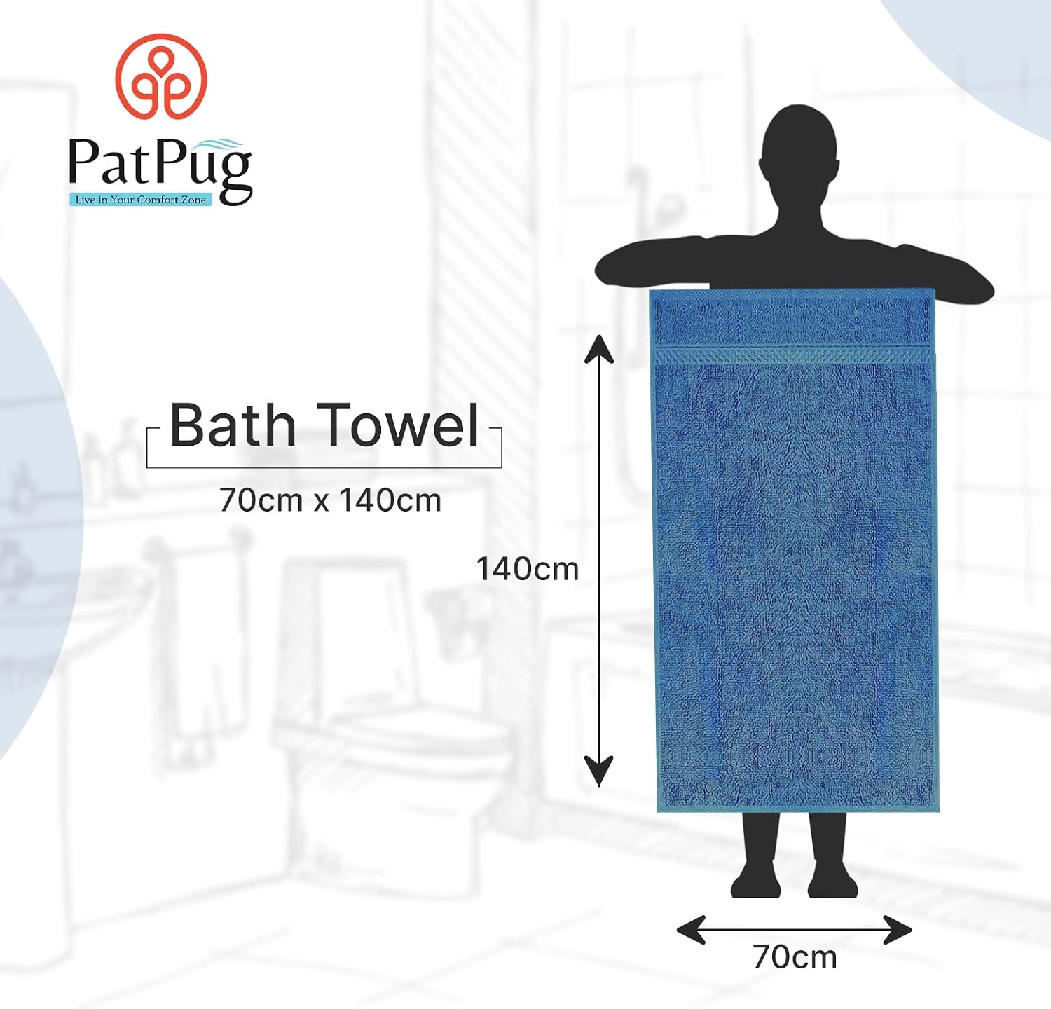 PatPug 100% Indian Ultra Soft Cotton 450 Gsm Bath Towel Large Bath Towel | Highly Absorbent Quick Drying Durable Towel For Men, Women & Kids (Ocean Blue)