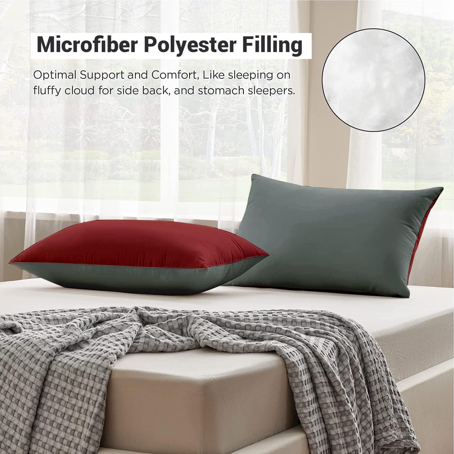 Premium Microfiber Soft Pillow For Sleeping, Maroon & Grey, King Size - 17 X 27 Inches | Comfy Hotel Comfort Pillow, Vacuum Packed | Bed Pillow, Hypoallergenic, Lightweight - Set Of 2