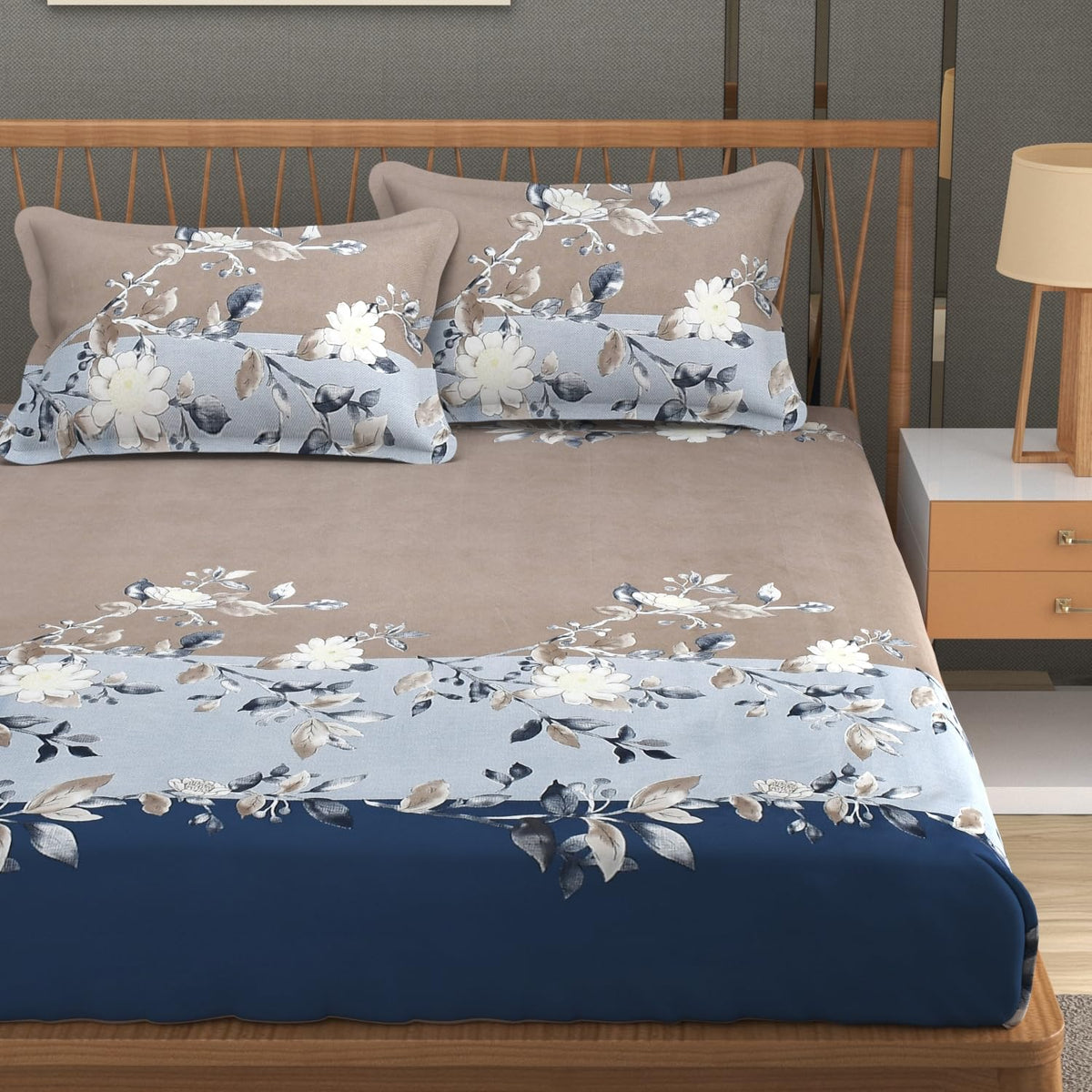 Double Bedsheet For Queen Size With Tow Pillow Cover - 72 X 72 Inches, Beige & Dark Blue | All Around Elastic Fitted Breathable & Durable, Soft Touch & Perfect For All Seasons