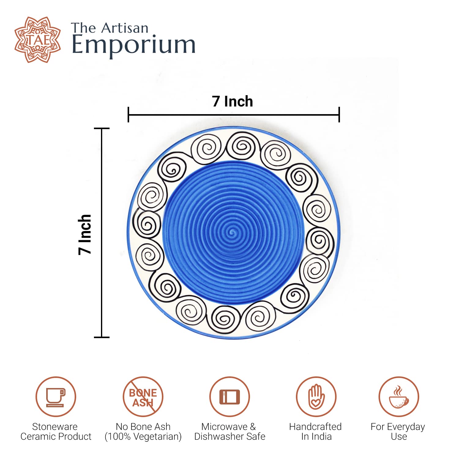 Hand Painted Blue Swirl Ceramic Quarter Plates Set Of 4 | Small Side Plates For Dinner & Snacks - 7 Inch, 4 Pieces, Microwave Safe