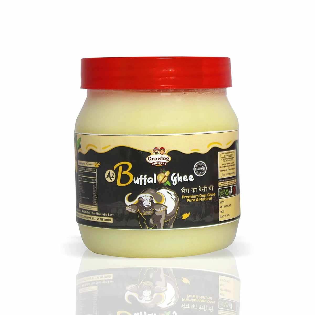 Organic Pure A2 Buffalo Ghee By Growing Villagers | Good Source Of Energy Healthy & Nutrients Desi Ghee For Bones Health | (500ml) 16.9 Ounce | Jar Pack