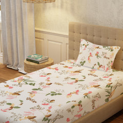 Printed Bedsheet For Single Bed With 1 Pillow Cover - Size 58 X 90 Inches, White & Peach | 100% Pure & Premium Quality Cotton Bedsheet