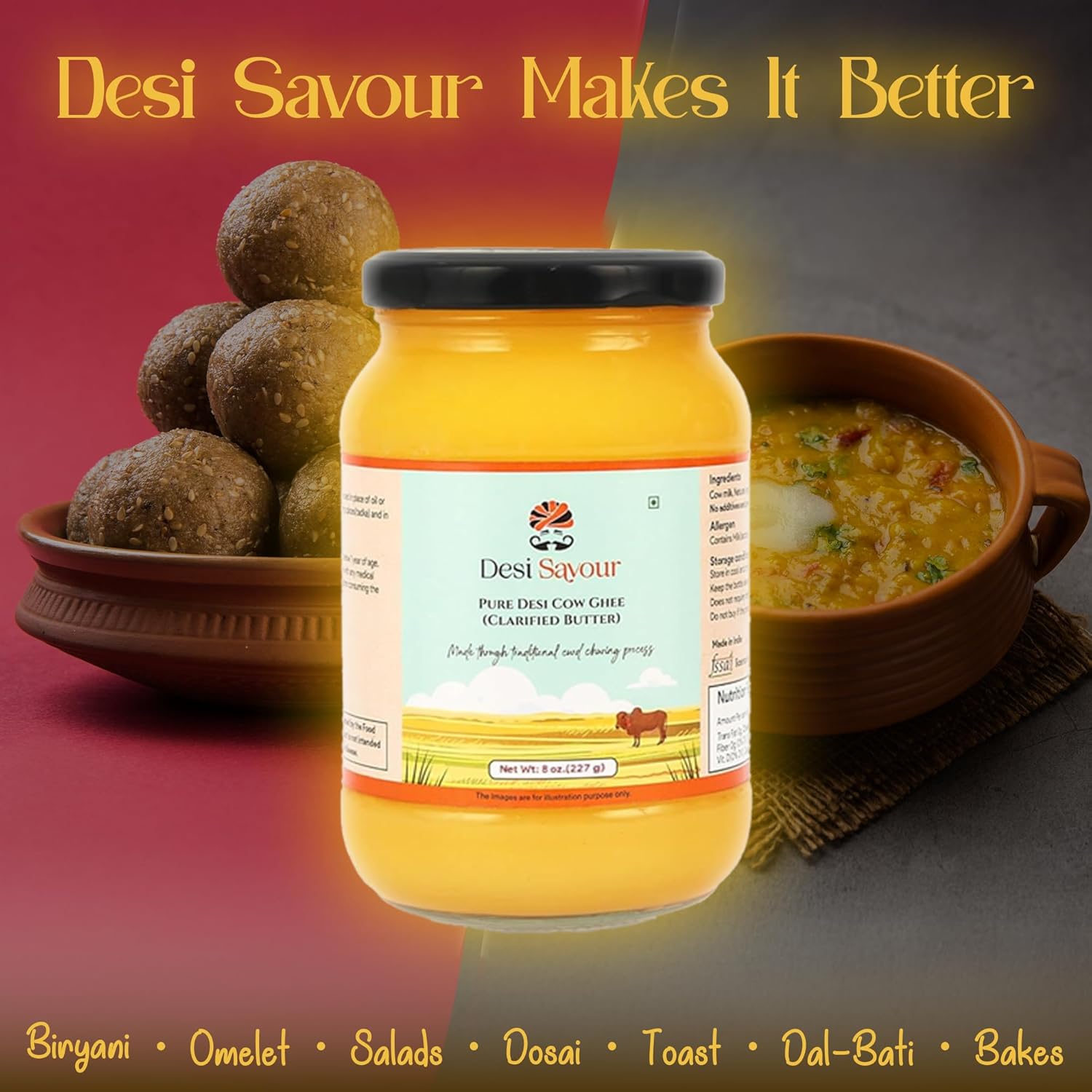 100% Pure Desi A2 Gir Cow Ghee By Desi Savour | Traditional Vedic Bilona Method Hand Churned Healthy Pure Desi Ghee For Pulao & Sabji | (1 Litre) 33.8 Ounce | Jar Pack