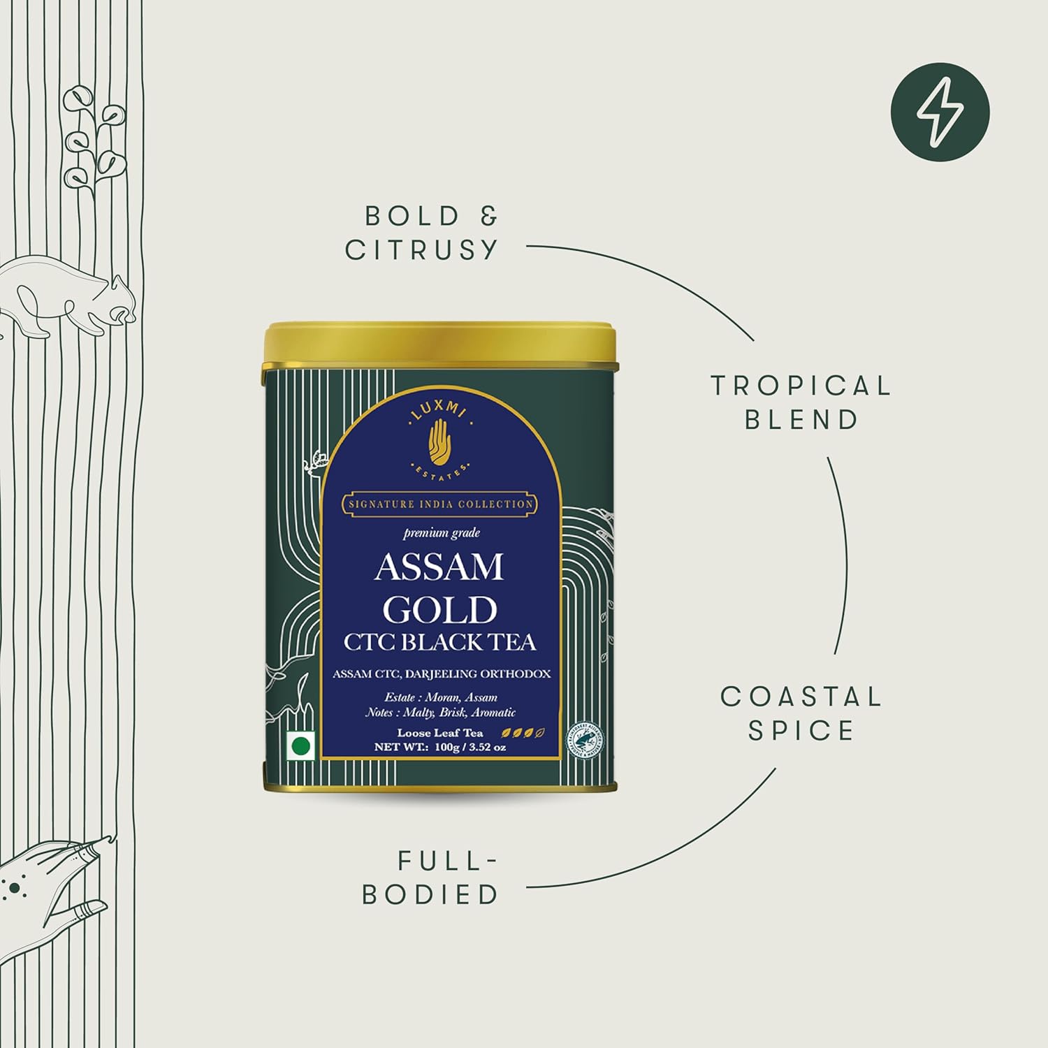 Luxmi Estates Assam Gold CTC Black Tea 100gm, 3.5 Ounce - Saffron, Cinnamon, Natural Cardamom Extract Loose Leaf Tea | Medium Caffeine Chai Patti - Organic Strong Tea