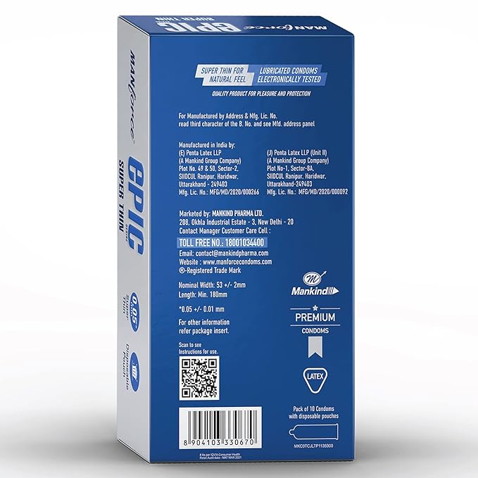 Manforce Epic Desire Super Thin Condoms For Men, Silk Chocolate Flavour, (10 Counts) X Pack Of 5