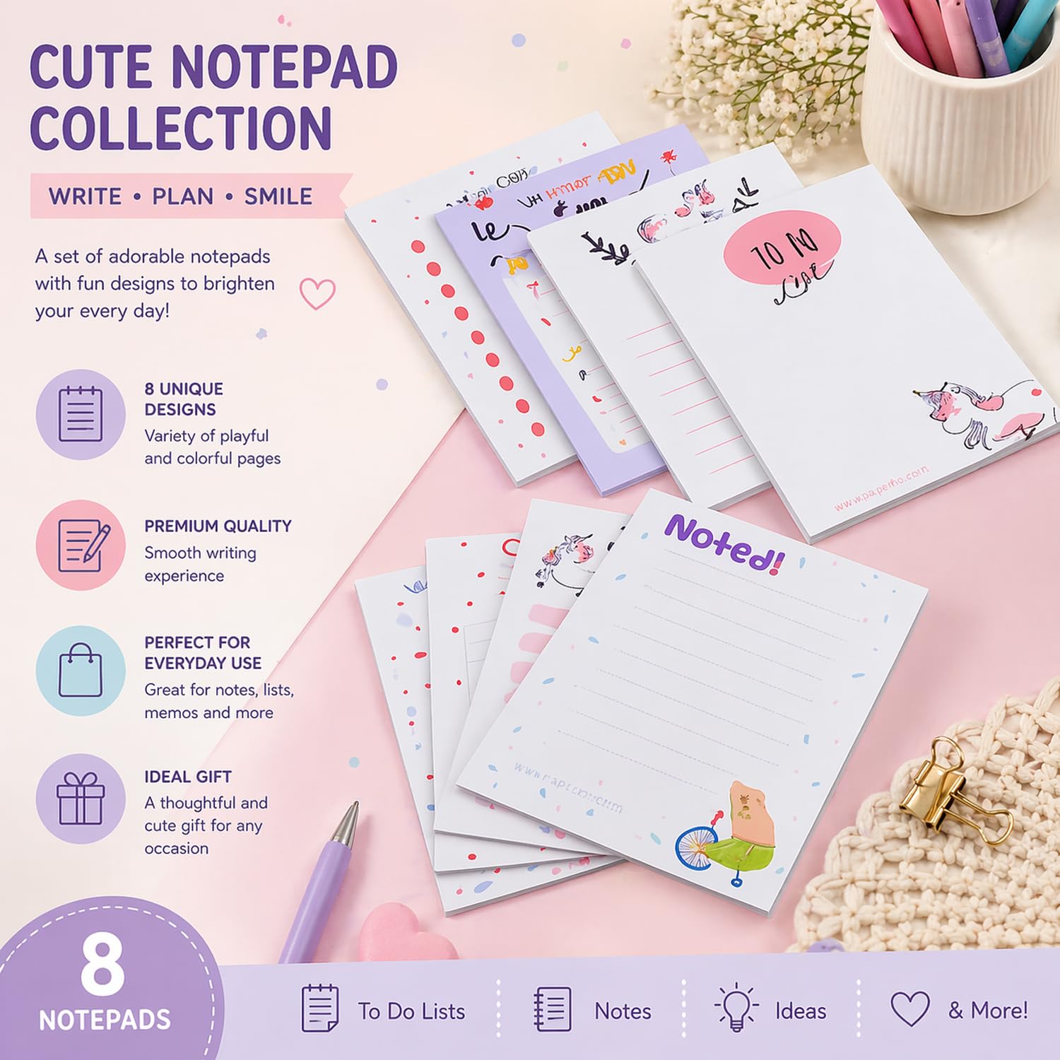 Memo Notepads, Daily Writing Pads Trendy & Stylish Doodling Pads, Easy Tear Off Pads, Set Of 8