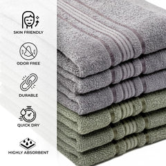 Akiko Home 100% Cotton Essential Series Hand Towels 1200 Gsm | Soft, Absorbent & Durable, Cotton Hand Towel For Bathroom Use, Gentle On Skin- Pack Of 6 (Grey & Green)