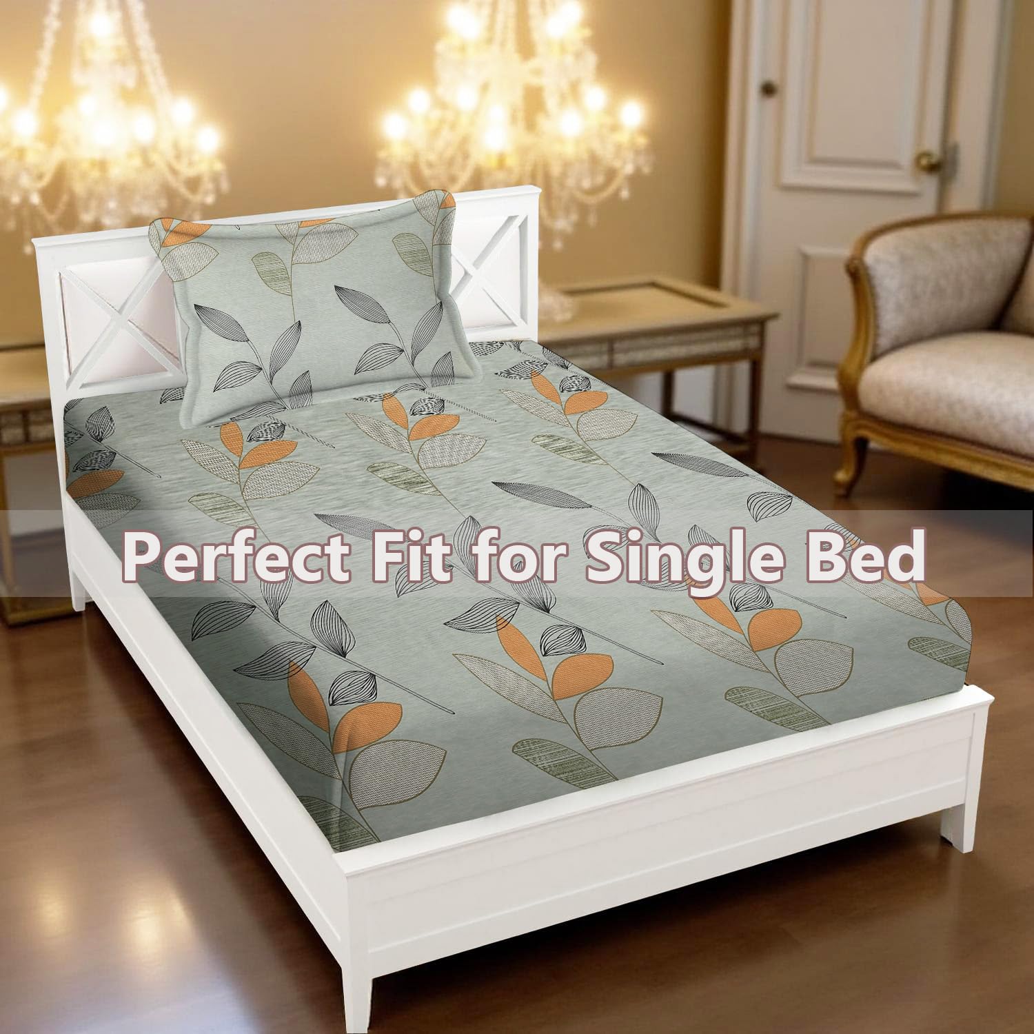 Printed Bedsheet For Single Bed With 1 Pillow Cover - 60 X 90 Inches, Grey & Green | Super Soft - Glace Cotton Breathable & Wrinkle Free - 2 Pcs Set