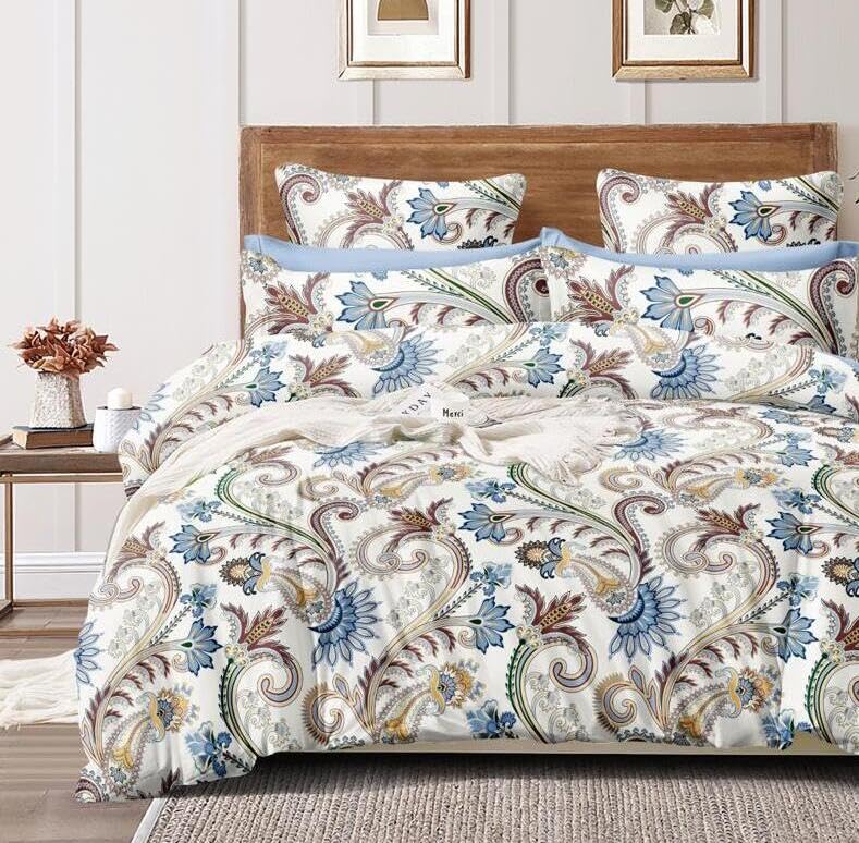 Queen Size Printed Double Bedsheet With 2 Pillow Covers For Home | 90 X 100 Inches, White & Blue - Beautiful Bedsheet Set | Perfect For Gifting Wedding, Anniversary