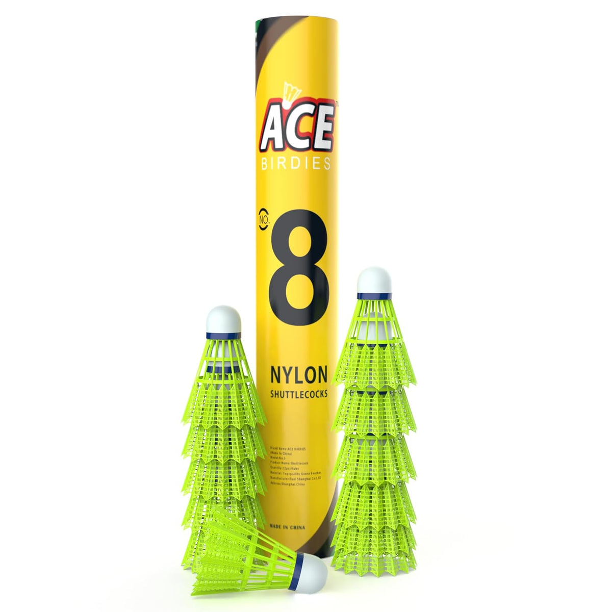 Ace Birdies 8 Nylon Badminton Shuttlecocks With Strong Cork Head , Sturdy and Well-Balanced | Green , Pack Of 12