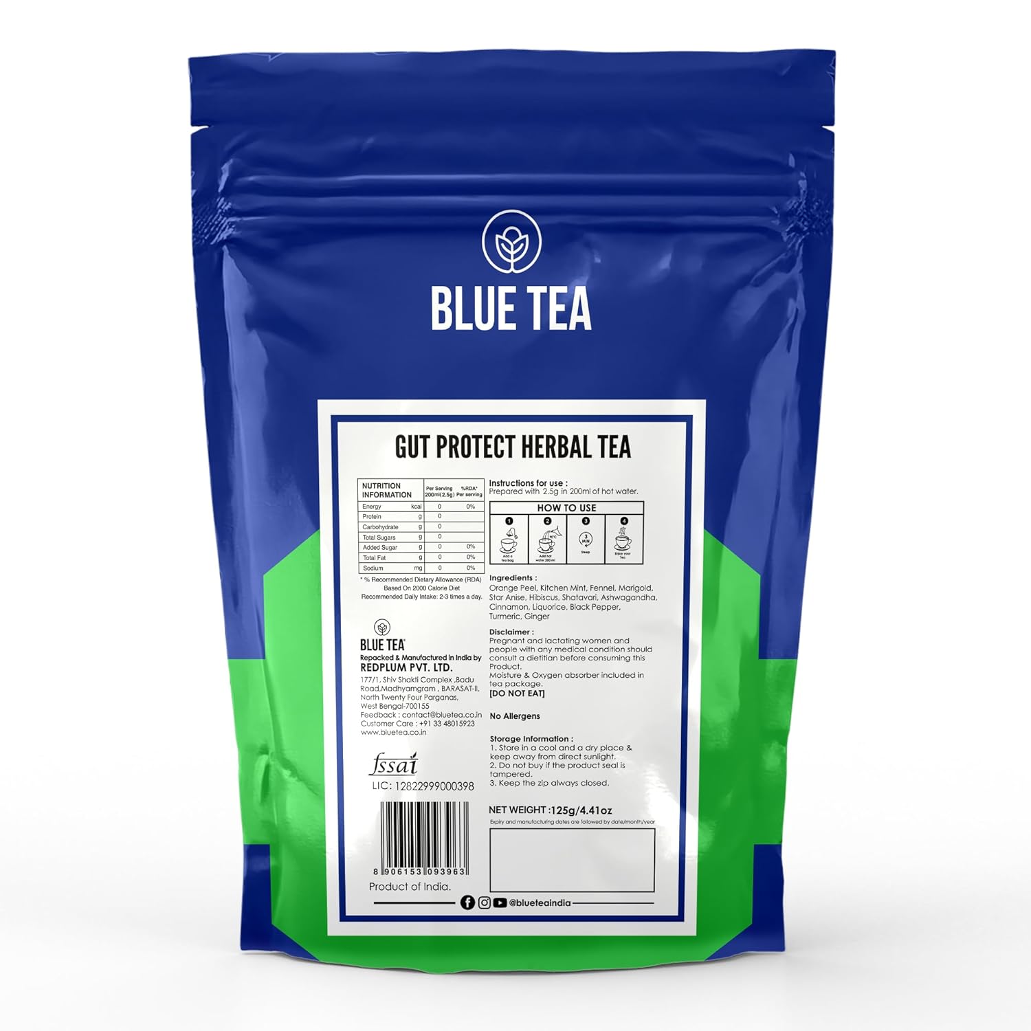 Blue Tea Caffeine Free Gut Protect Herbal Tea - 50 Pyramid Tea Bags In Zip Lock Pack | Antioxidants Support, Gut Protection - Gluten Free