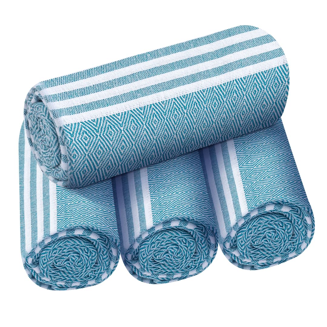 Destin Home Turkish Peshtemal Beach Towels 1.5 Kg | Cotton Soft, Lightweight, Quick-Drying & Absorbent For Beach Pool Spa Picnic Travel (Aqua)- Set Of 4