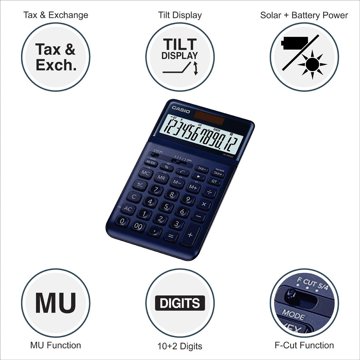 Casio JW-200SC-NY Premium & Stylish Calculator (Dark Blue) | 12 Digits, 2-way Powered | Stylish Desktop Calculator