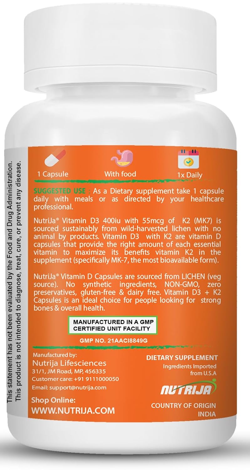 Nutrija Vitamin D3 + K2 As Mk7 Supplement , Plant Based Natural Vitamin D3 Supplement Sourced From Lichen - Stronger Immunity, Supports Bones, Joints & Heart Health | 60 Tablets , 100gm 0.2lbs