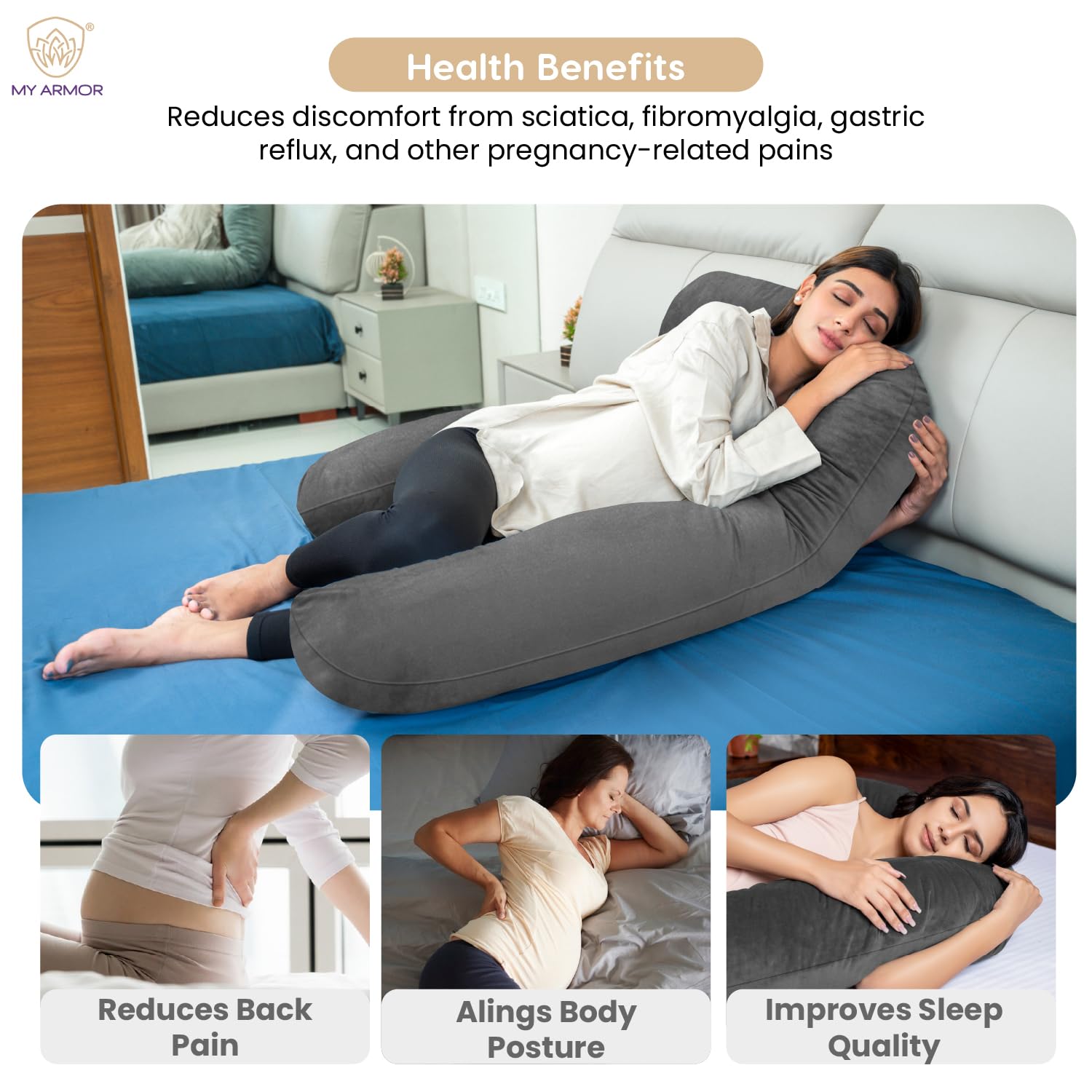 Full Body U Shape Pregnancy Pillow For Women, Maternity Pillow, Dark Grey | Pillow Gift For Pregnancy Sleeping, Premium Velvet Cover With Zip | Adjustable & Washable, Relieves Pain