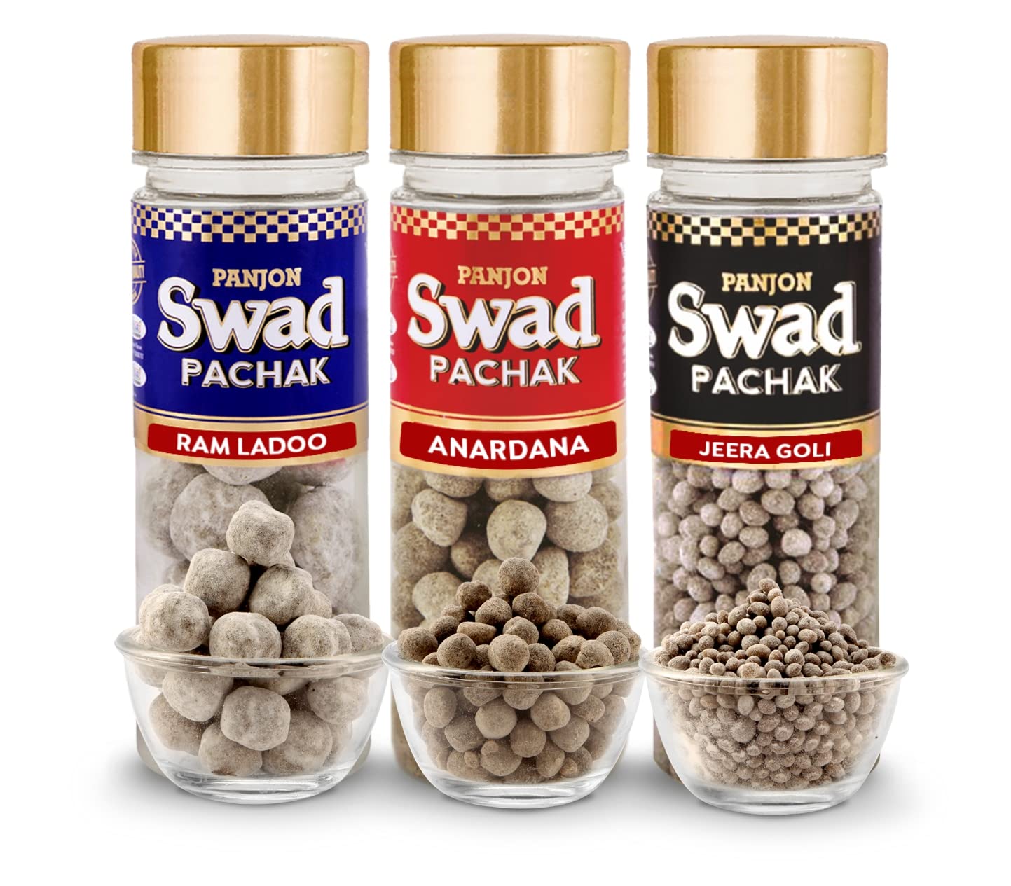 Panjon Swad Jeera Goli, Imli Ram Ladoo & Anardana Goli Mukhwas 400gm, (133gm *3 Bottles)