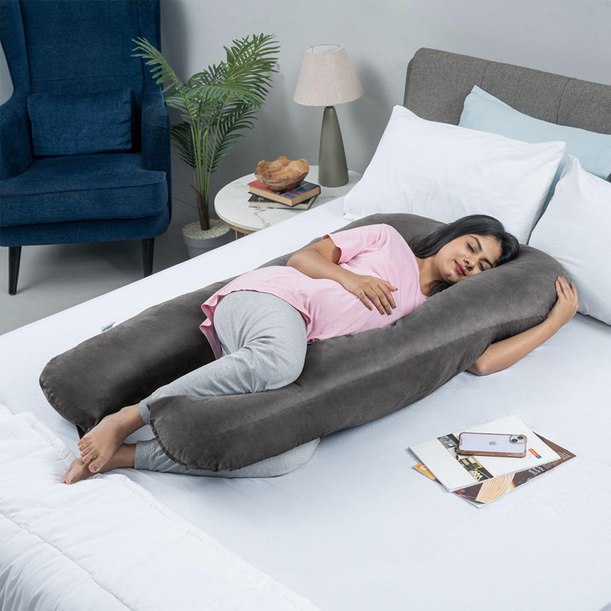 Pregnancy Pillow, U Shaped Pillow, For Pregnant Women, Charcoal Grey | Maternity Pillow For Pregnant Mothers | Velvet Cover, Full Body Support For Better Sleep, Pillow For Back Support