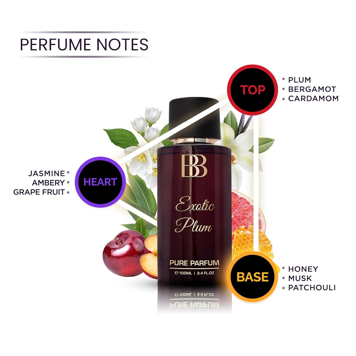 Bergamot Beaute Exotic Plum Pure Parfum 100ml 3.4 Fl.oz. | 12+ Hrs Long Lasting Perfume For Women | Higher Concentration Than EDP