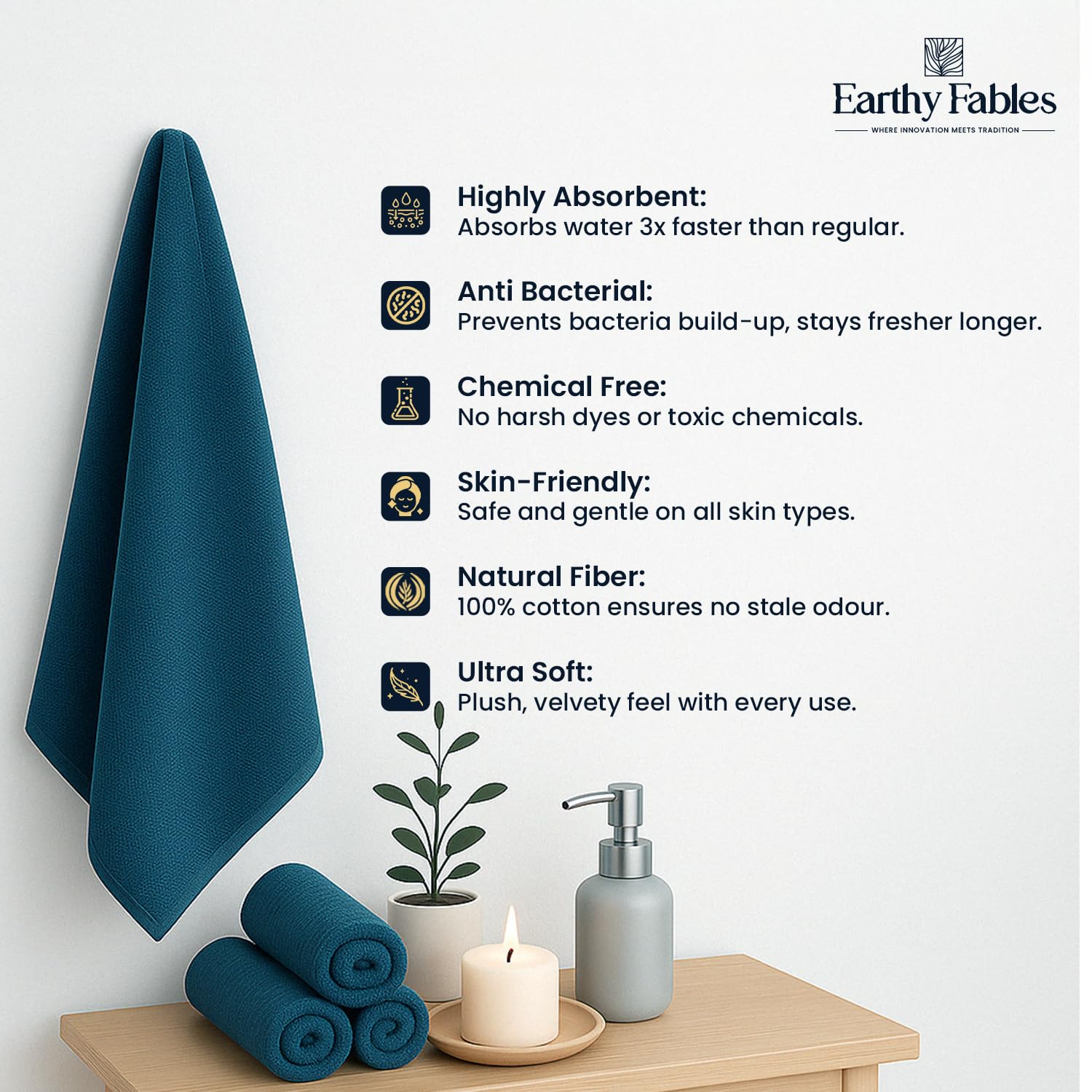 Earthy Fables Premium Bath Towel 600 Gsm | 100% Combed Cotton Ultra Soft, Quick Dry & Highly Absorbent For Home, Travel And Acne-Prone Skin (Dark Teal) Set Of 2