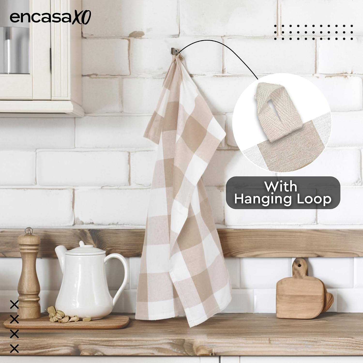 Encasa Xo Kitchen Cooking Cloth 340 Gsm | Cotton Hand Towel For Drying Dishes Highly Absorbent Cleaning & Quick Drying Of Plates | Buffalo Beige Checks (Set Of 4)