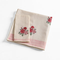 Peepul Tree Block Printed Hand & Bath Towels 240 Gsm | Super Absorbent, Soft & Faster Drying, Floral Printed 100% Pure Cotton (White & Pink Roses)