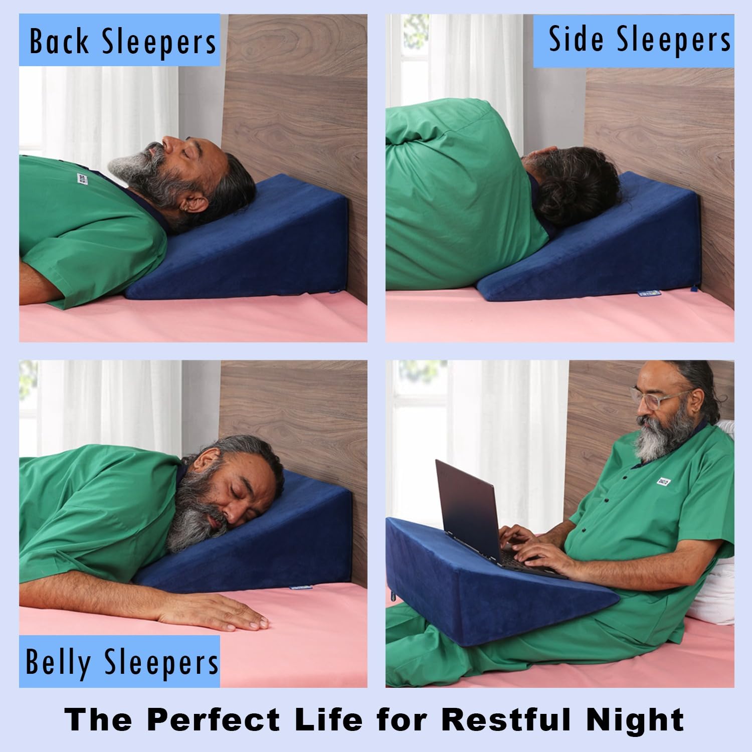 Bed Wedge Pillow, For Back Support, Blue, Medium Size - 18 X 18 X 8 Inches | For Acid Reflux, Gerd, Medical Grade Sponge - Easy To Clean, Removable Soft Fabric Cover, Multi-Purpose Uses