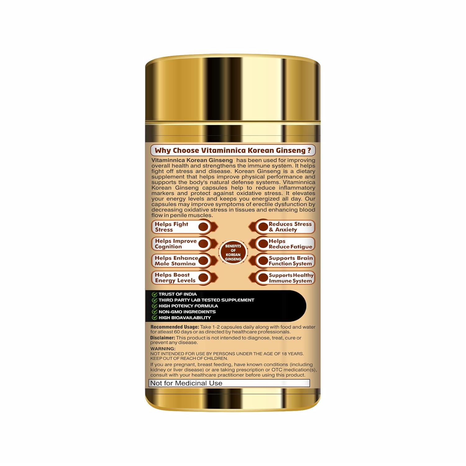 Vitaminnica Korean Ginseng Extract, Supports Stamina, Energy, Vitality, Strength | 60 Veg Capsules 100gm 0.2lbs