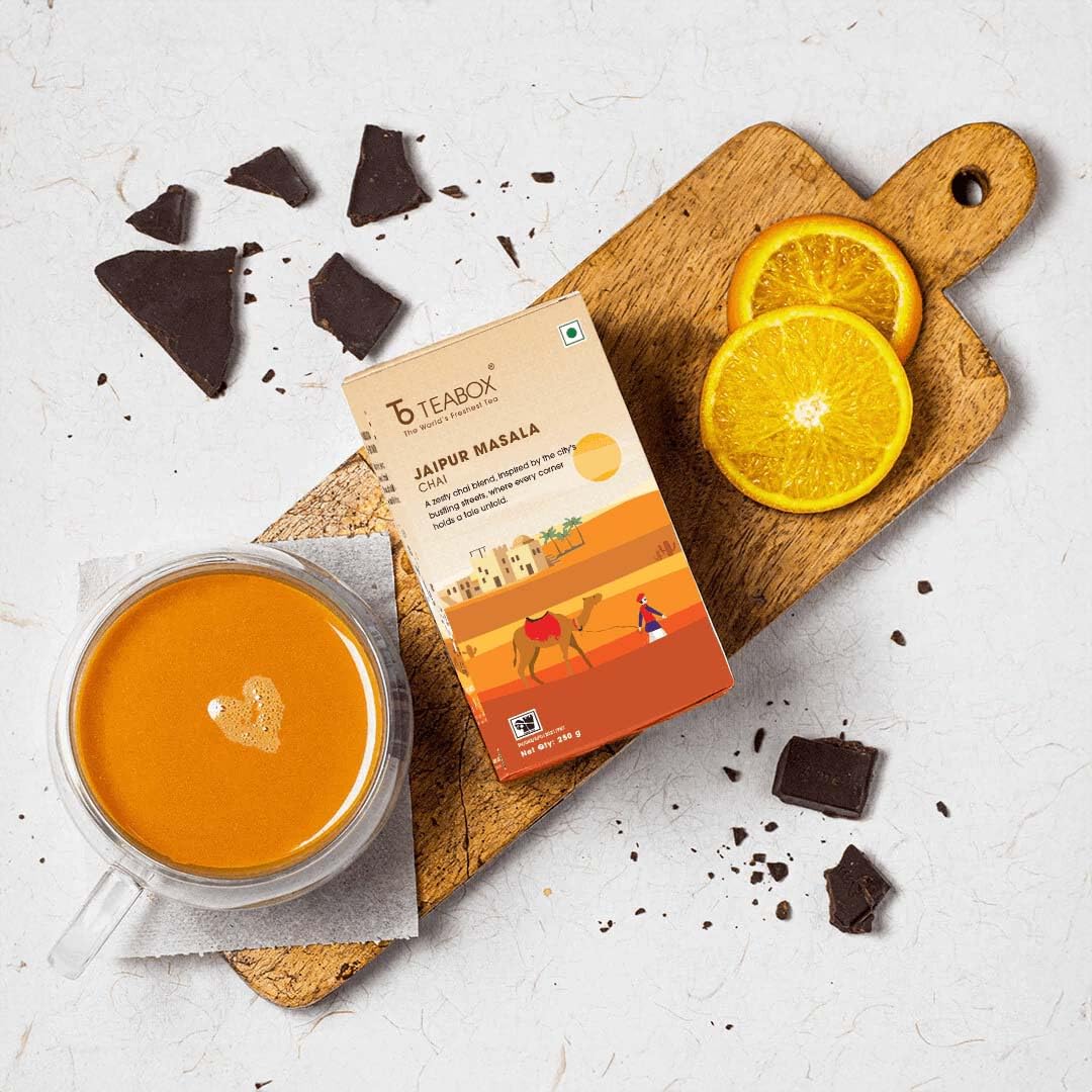 Teabox Jaipur Masala Chai Tea - 250gm, 8.8 Ounce | Blended With Cinnamon, Almond & Natural Orange - Inspired By The Opulent Palaces Of Jaipur | Medium Caffeine Tea Leaf