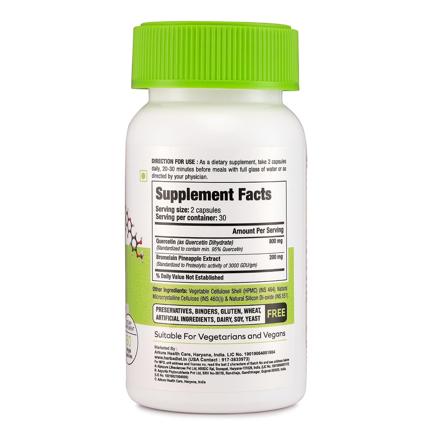 Herbadiet Quercetin With Bromelain Balanced Immune Support, Heart & Joint Health Supplement | 60 Veggie Capsules, 100gm 0.2lbs