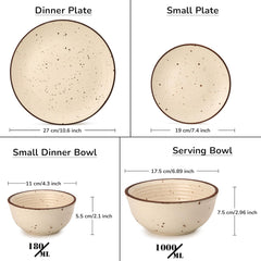 Handcrafted Ceramic Stoneware Dinner Set Of 20 Pieces With Serving Bowls Set - Beige | 6 Dinner Plates + 6 Small Plates + 6 Small Dinner Bowl, 180ml Each+ 2 Serving Bowl, 1000ml Each - Serving For 6