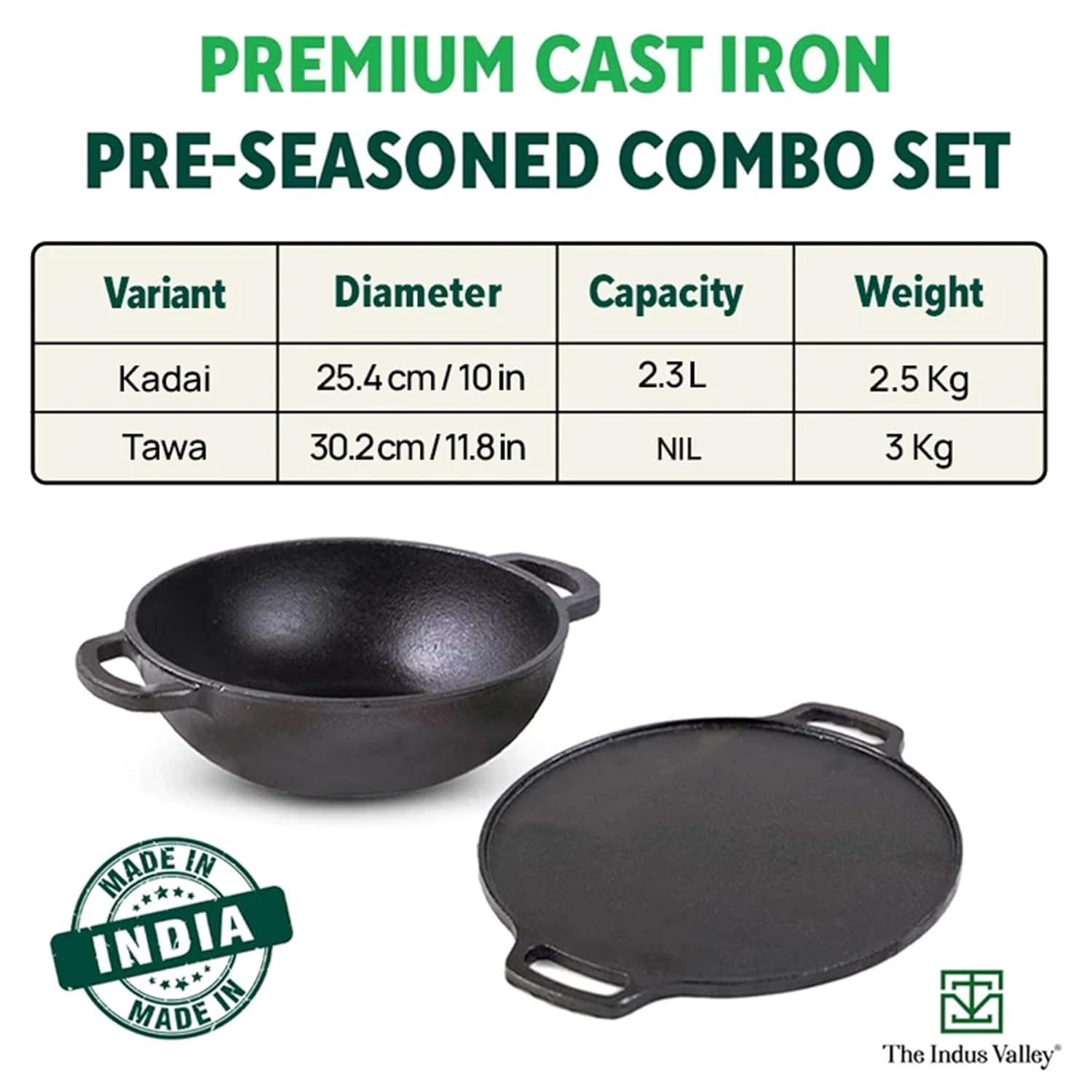 Pre-Seasoned Black Cast Iron Cookware Set + Free Iron Tadka Pan - Kadai 25.4cm, 2.3 Liters + Tawa 30.5cm | Kitchen Cooking Combo Pots & Pans Set Of 3 Pcs - Naturally Nonstick