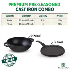 Pre-Seasoned Cast Iron Cookware Set - Kadai 25.4cm, 2.3 Liters + Tawa 25.5cm | Kitchen Cooking Combo Pots & Pans Set Of 2 Pcs - Naturally Nonstick