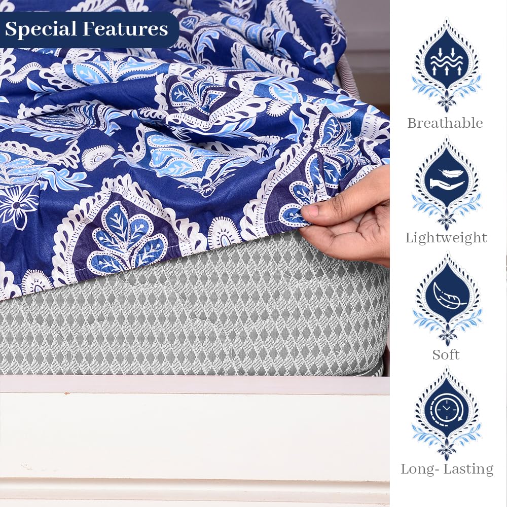 Super Soft Single Fitted Bedsheet With 1 Pillow Cover | 57 X 78 + 6 Inches, Blue & White - Perfect For Use In Bedrooms, Guest Rooms, Dormitories