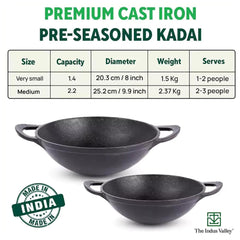 Pre-Seasoned Black Cast Iron Kadai With Curve Handle - Medium, 25.2cm, 10 Inch, 2.2 Liters, 2.3 Kg | Gas Compatible, Naturally Nonstick, 100% Pure & Toxin-Free