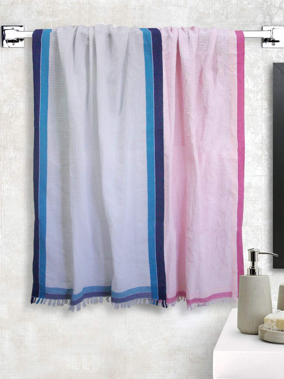 Athom Trendz Living Light Weight Cotton Premium Waffle Border Bath Towel 480 Gsm | Pack Of 2 (Multi13)